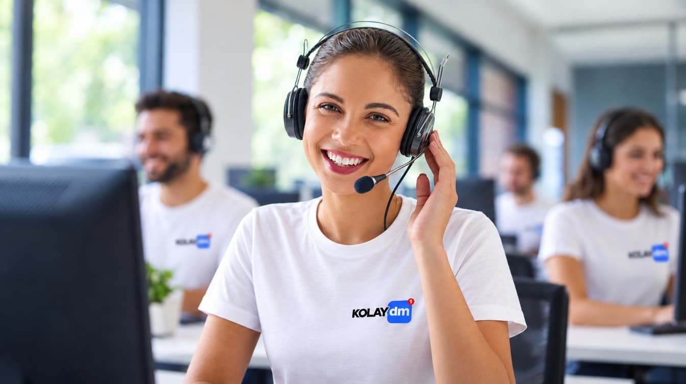Depoda Kolay DM tişörtüyle telefonunu tutan, başparmağını kaldıran ekip üyesi