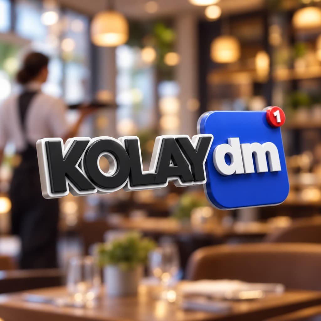 Restoran ortamında Kolay DM logosunun üç boyutlu görseli